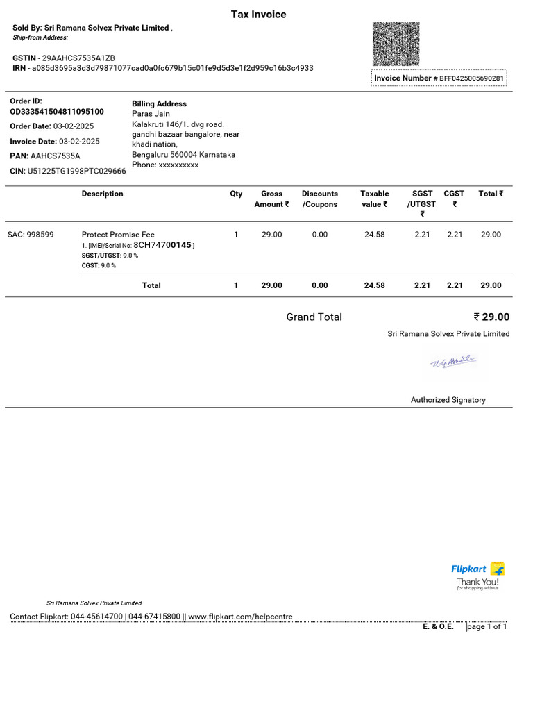 Sri Ramana Solvex Invoice Details | PDF
