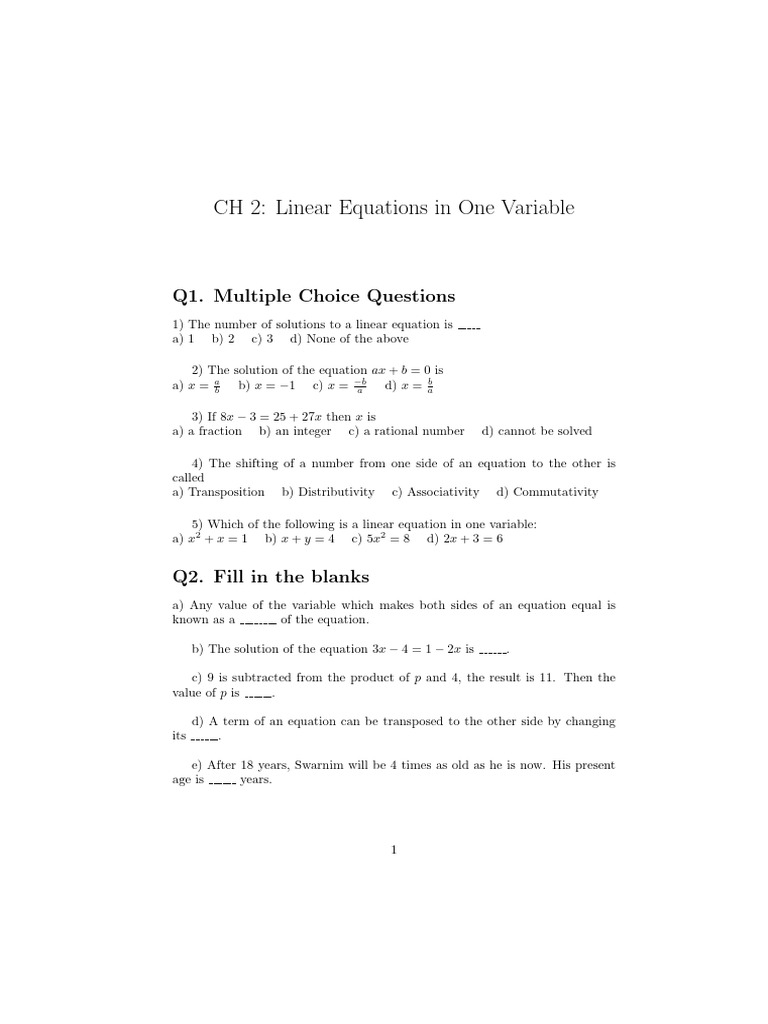Linear Equations in One Variable Quiz | PDF