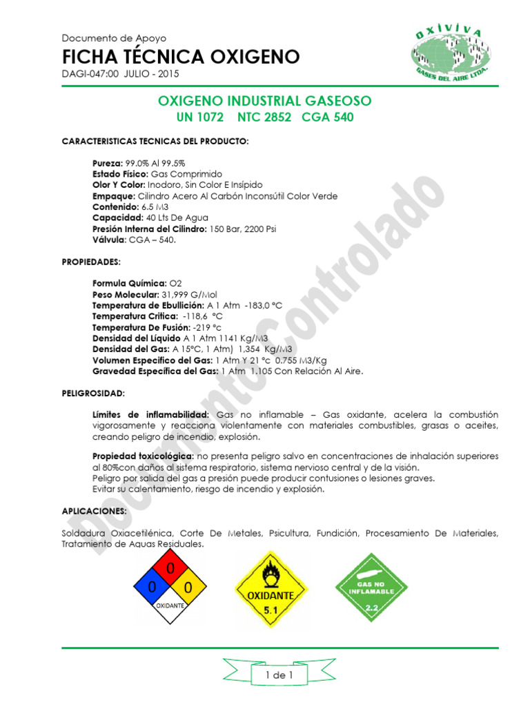 Ficha Técnica de Oxígeno Industrial | PDF