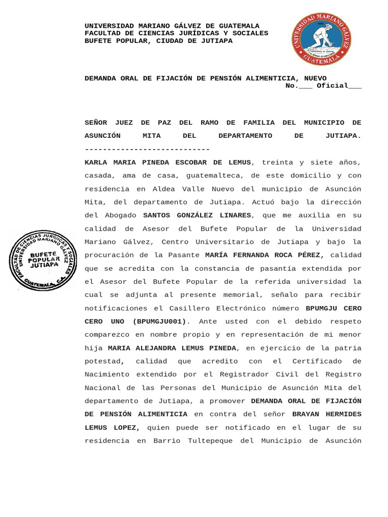 Juicio Oral de Alimentos Demanda | PDF | Pensión alimenticia | Esfera