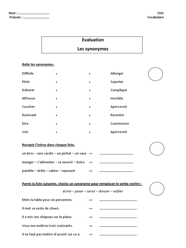 Synonyme Et Antonyme Exercice Pdf Evaluation Synonymes Contraires | PDF