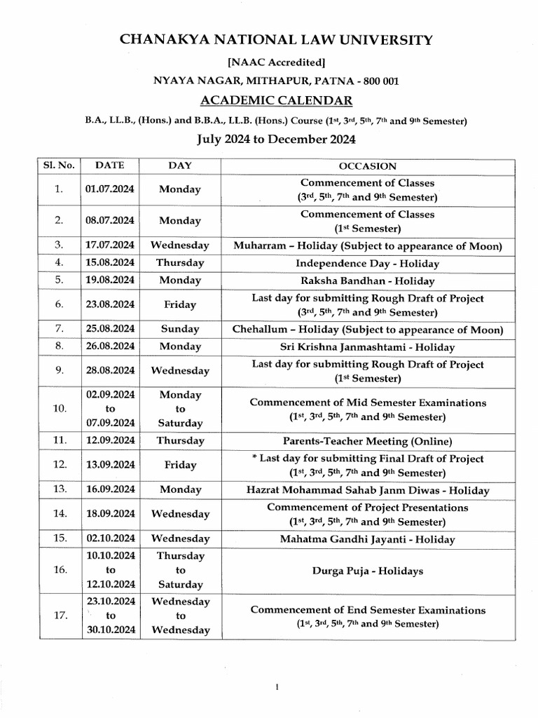 Academic Calendar UG Course July To December 2024 | PDF