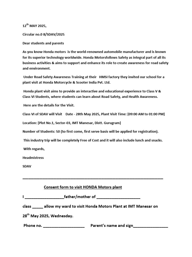 Consent Form To Visit Honda Motors Plant | PDF
