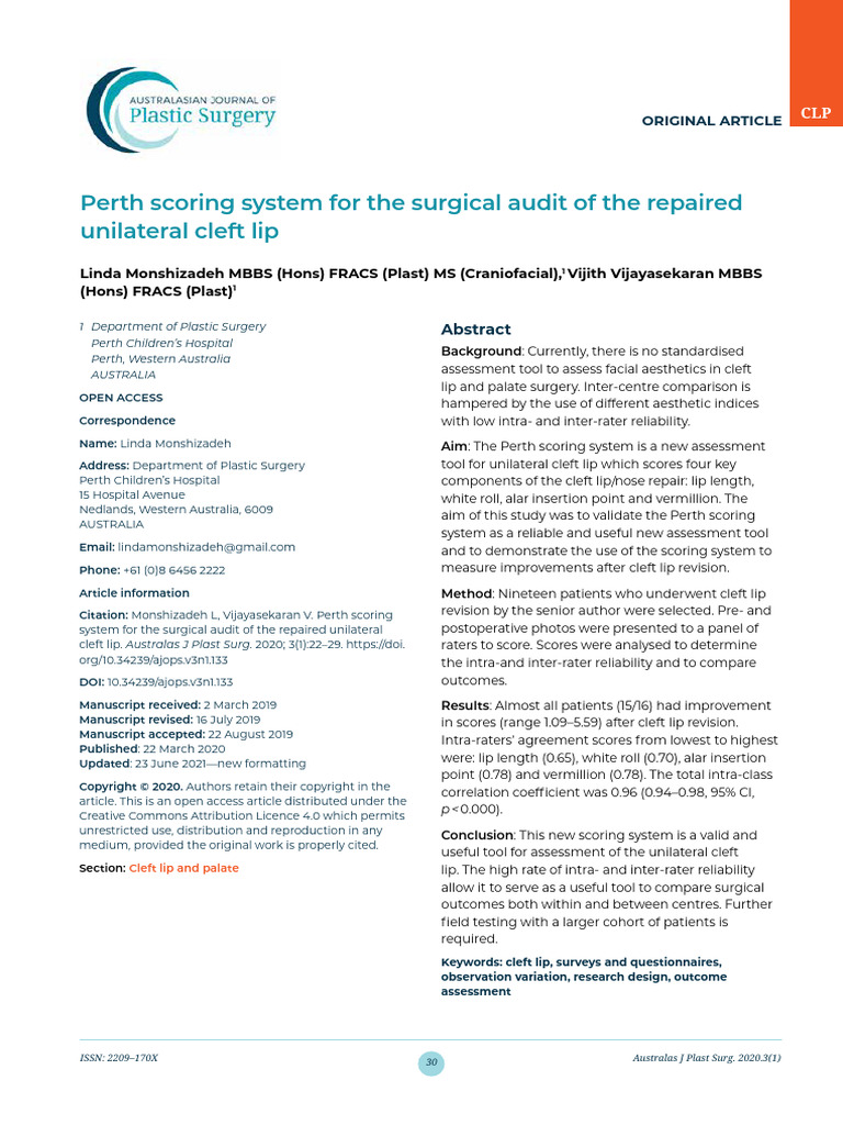 Perth Scoring System for Cleft Lip Audit | PDF | Surgical Specialties ...