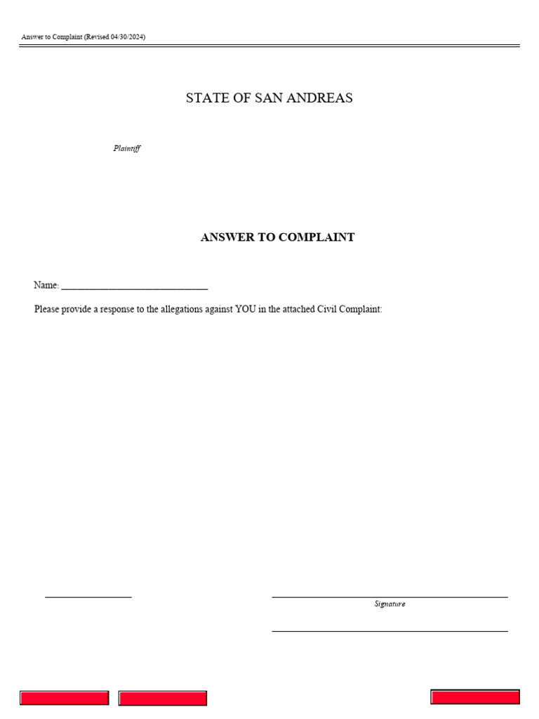 Answer to Civil Complaint Form | PDF
