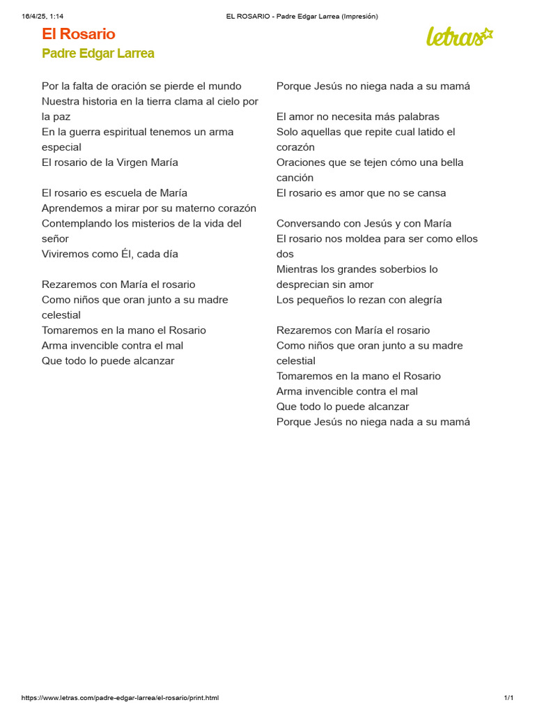 Letra del Rosario de Padre Edgar Larrea | PDF | Rosario | María, madre ...