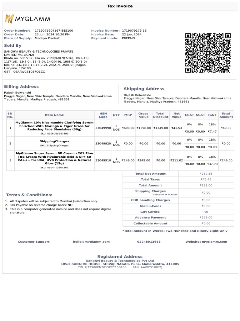 MyGlamm Invoice 1719079176-56 | PDF | Payments | Taxes