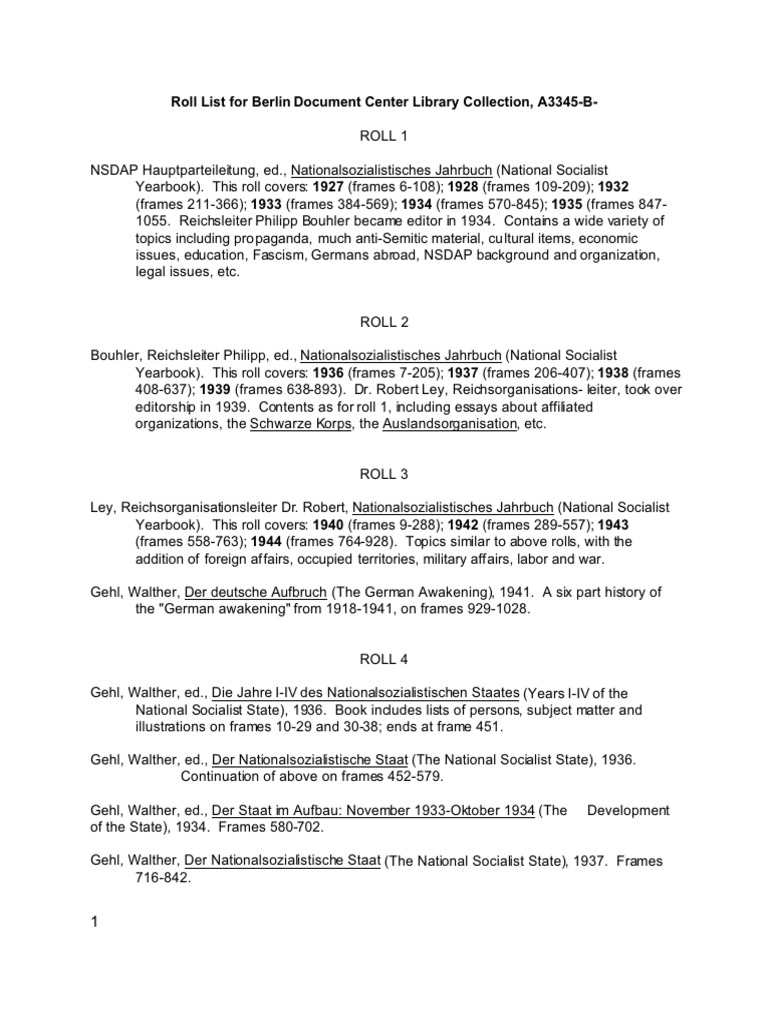 Berlin Document Center Library Roll List | PDF | Nazi Party | Nazi Germany