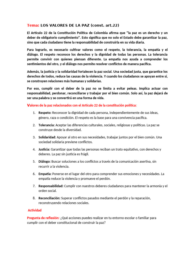 Valores Fundamentales para la Paz | PDF | Tolerancia | Paz