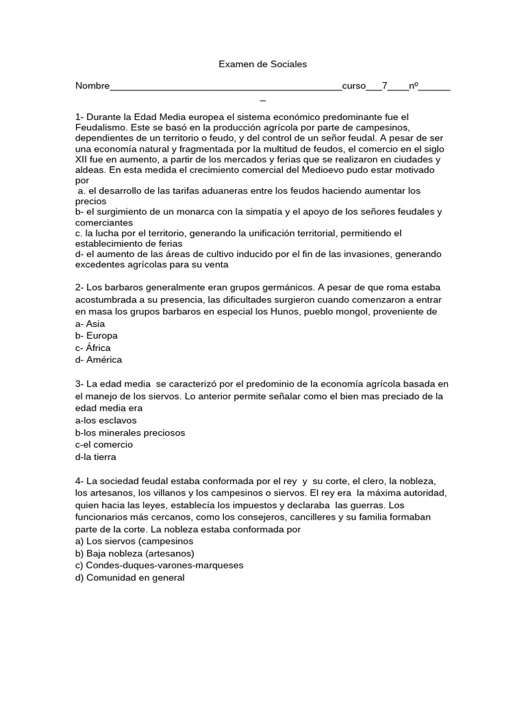Examen de Historia: Feudalismo y Paleolítico | PDF | Feudalismo ...
