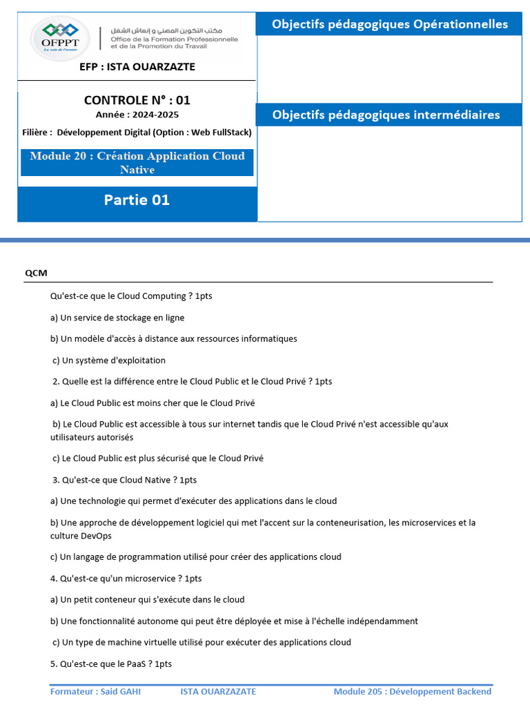 QCM sur le Cloud et Développement Backend | PDF | Cloud computing ...