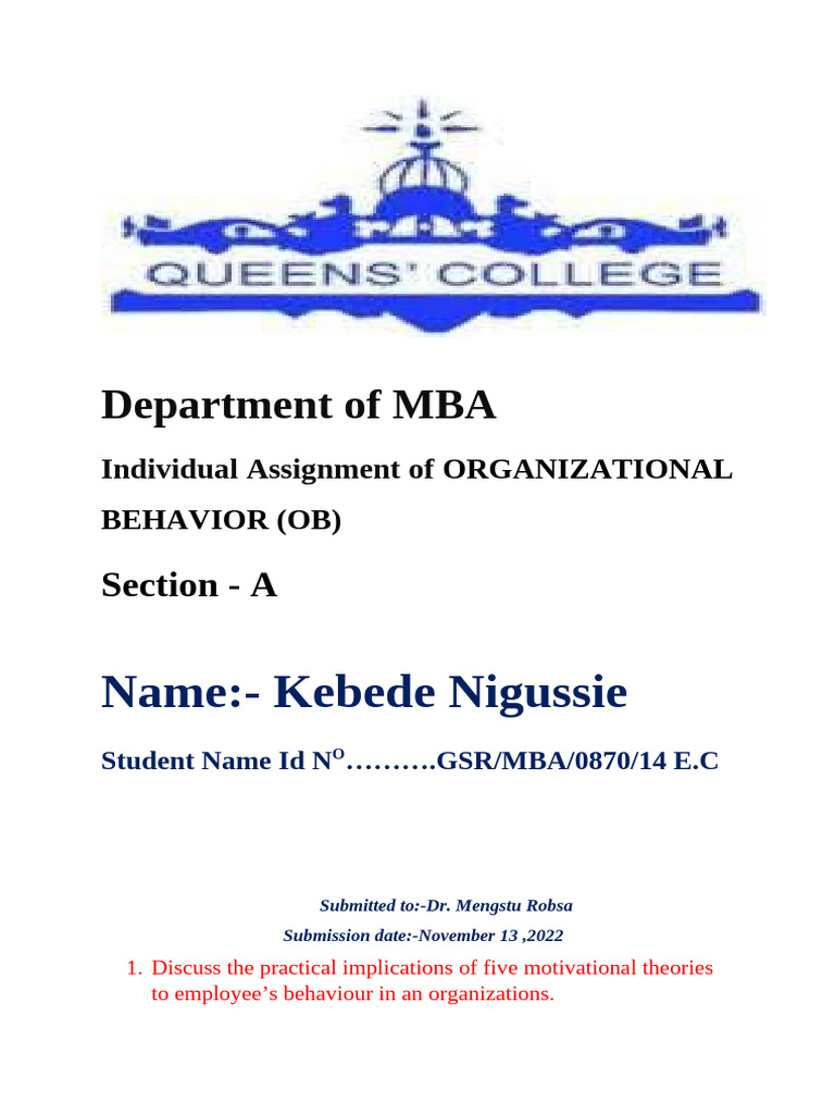 Kebe OB Individual Assignment | PDF | Attitude (Psychology) | Motivational