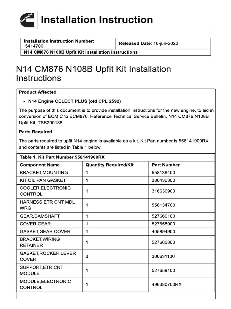 N14 CM876 N108B Upfit Kit Installation Instructions | PDF