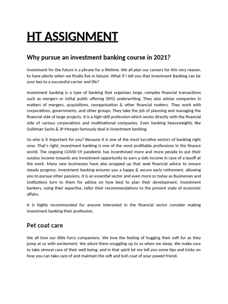 HT Assignment | PDF | Investment Banking | Private Sector