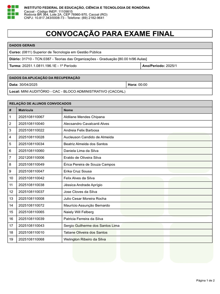 Convocação Exame Final Teorias Das Org. | PDF