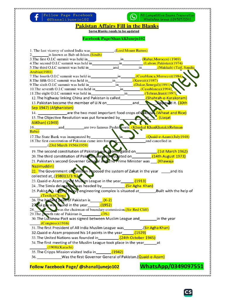 100 Most Repeated Pakistan Affairs Questions | PDF