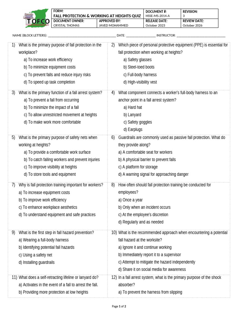 Fall Protection Quiz for Heights Training | PDF | Safety | Occupational ...
