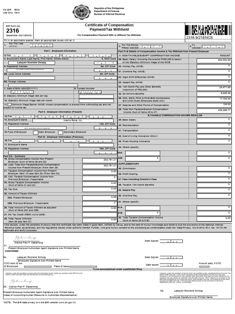 BIR Form 2316: Tax Withheld Certificate | PDF | Cost Of Living | Employment