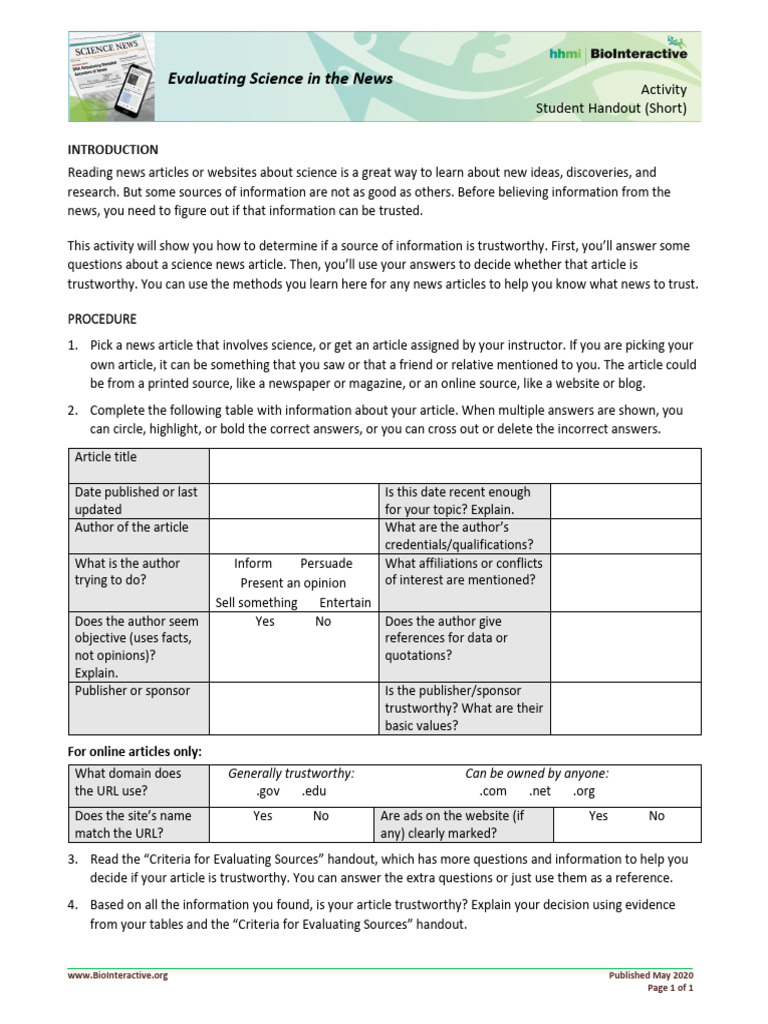 EvaluatingScienceNews Worksheet | PDF | News | Science