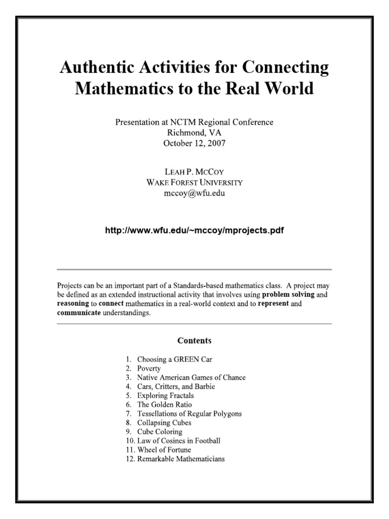 Authentic Activities For Connecting Mathematics To The Real World | PDF ...