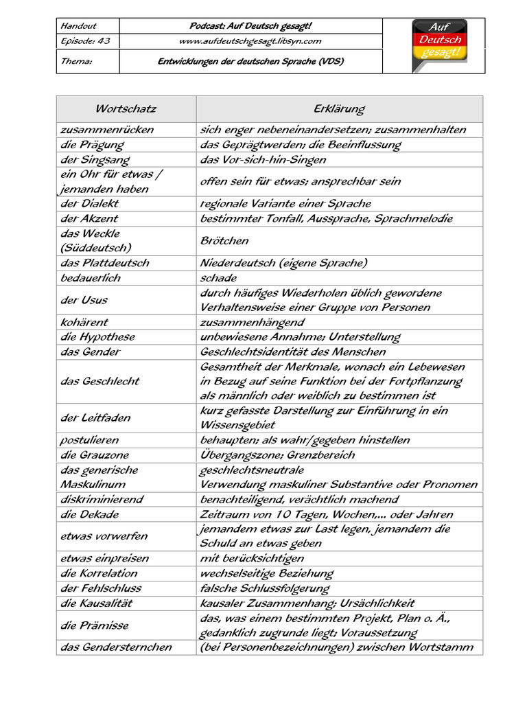 Episode 43 Entwicklungen Der Deutschen Sprache Handout | PDF