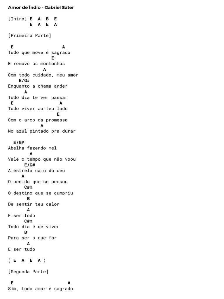 Letra de "Amor de Índio" - Gabriel Sater | PDF