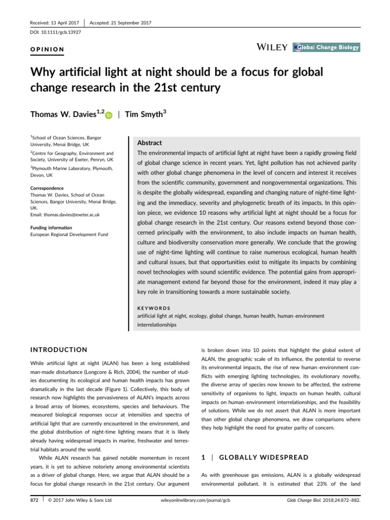 LIDO Global Change Biology - 2017 - Davies - Why Artificial Light at Night Should Be A Focus For ... - Want Artificial Environment Strategies Quail