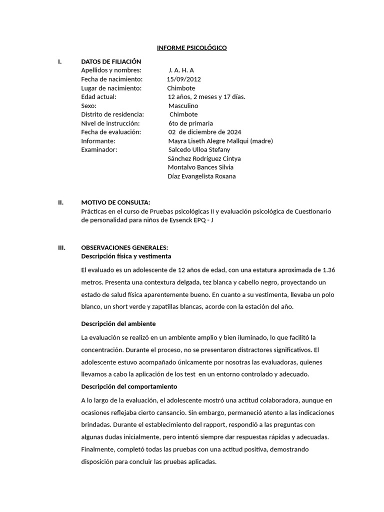Informe psicológico de niño introvertido | PDF | Las emociones | Salud ...