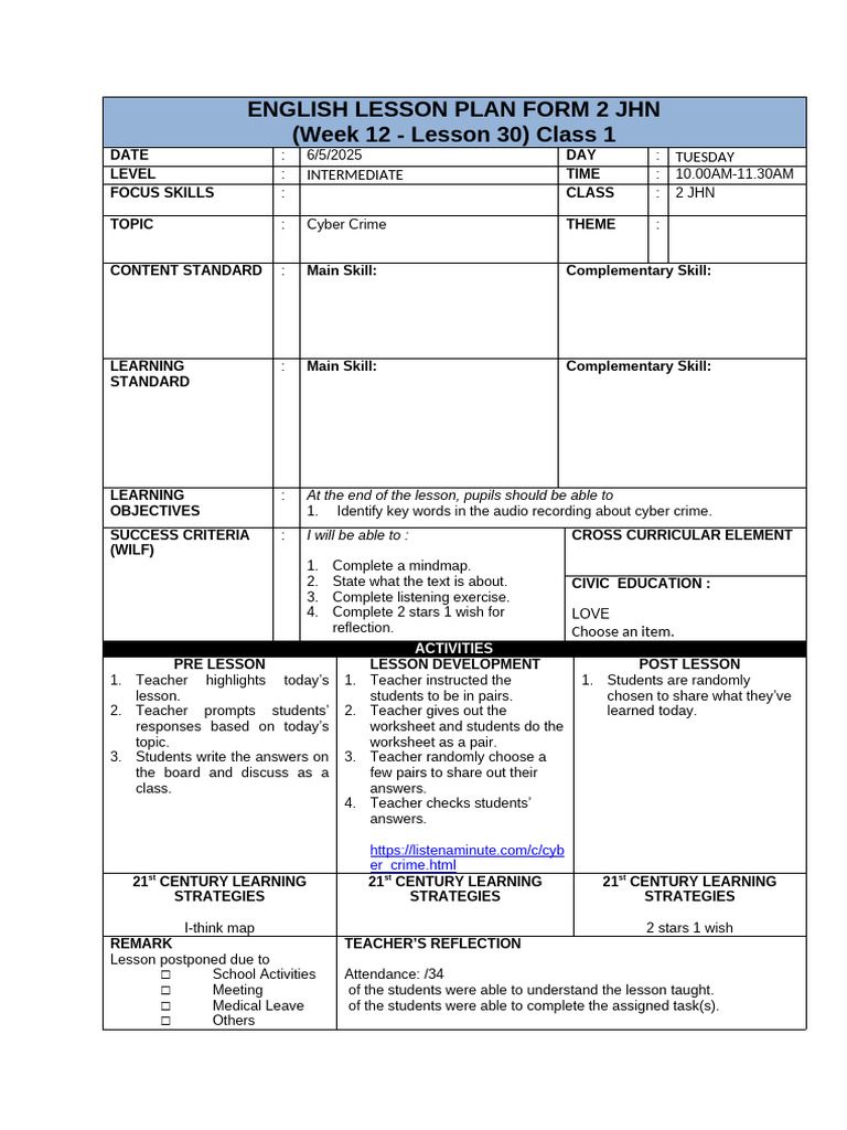 English Lesson Plan Form 2 JHN (Week 12 - Lesson 30) Class 1 | PDF ...
