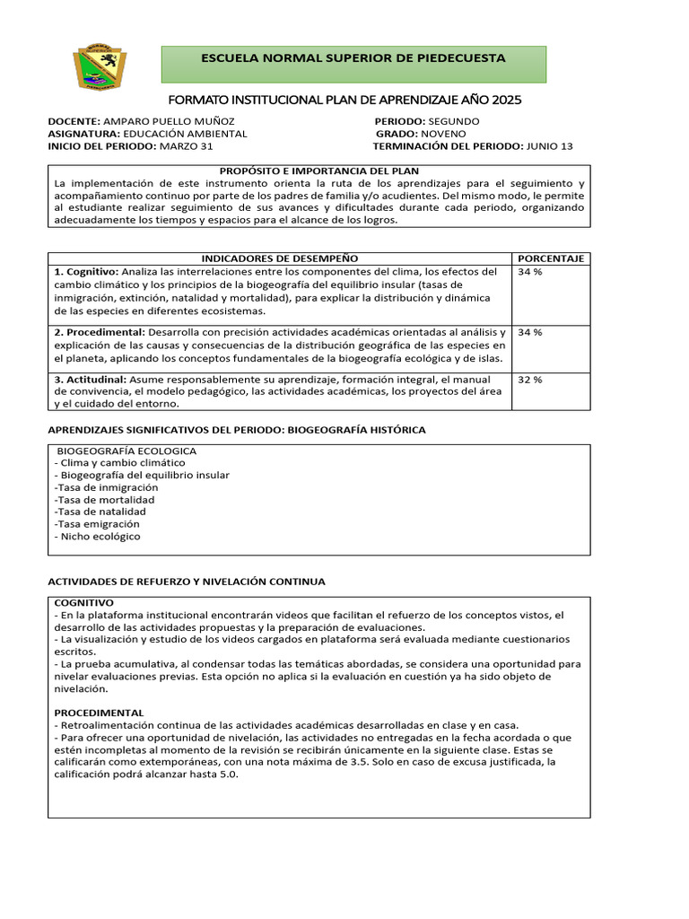 Ambiental 9 Plan de Aprendizaje Ii Periodo - 2025 | PDF | Salón de ...