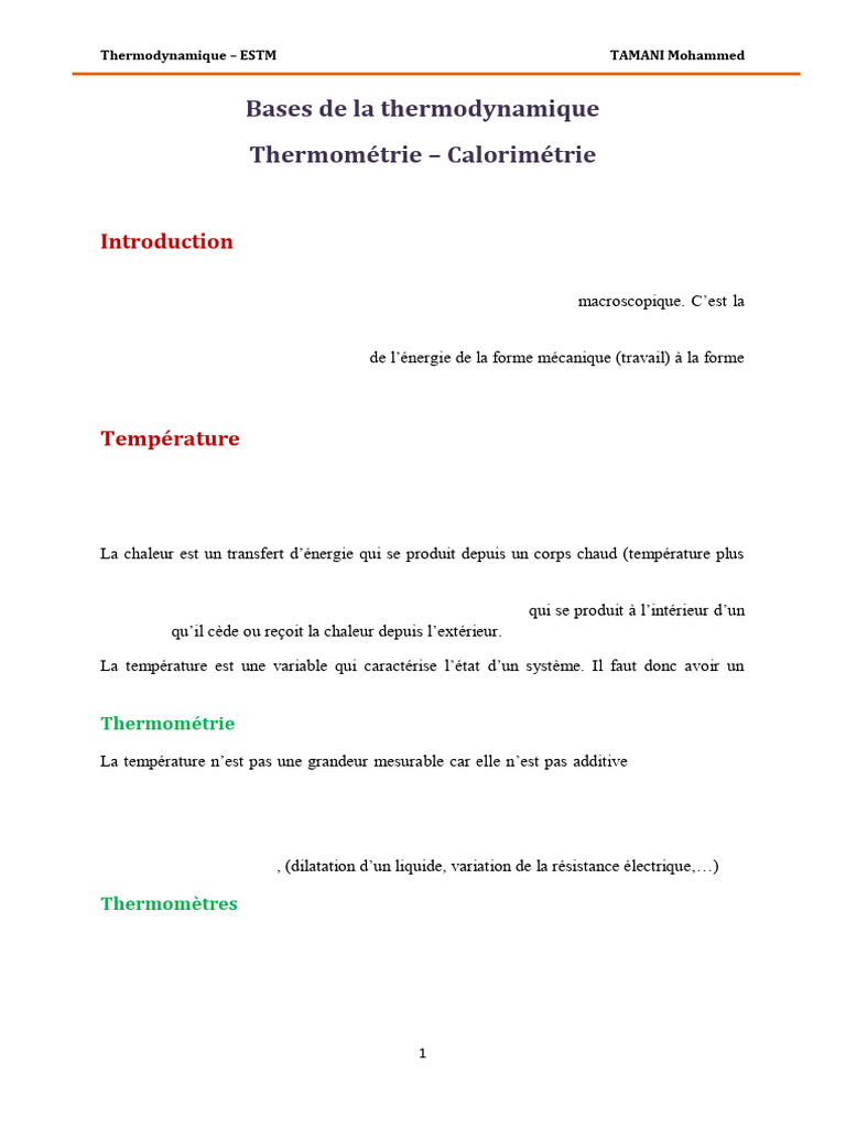 Bases de la thermodynamique et thermométrie | PDF | Chaleur | Température