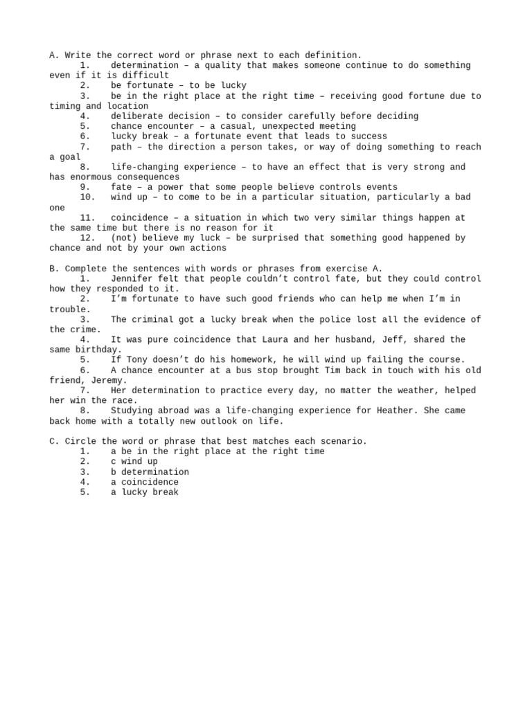 Vocabulary Definitions and Exercises | PDF