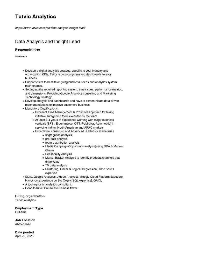 Data Analysis Lead at Tatvic Analytics | PDF | Analytics | Time Series