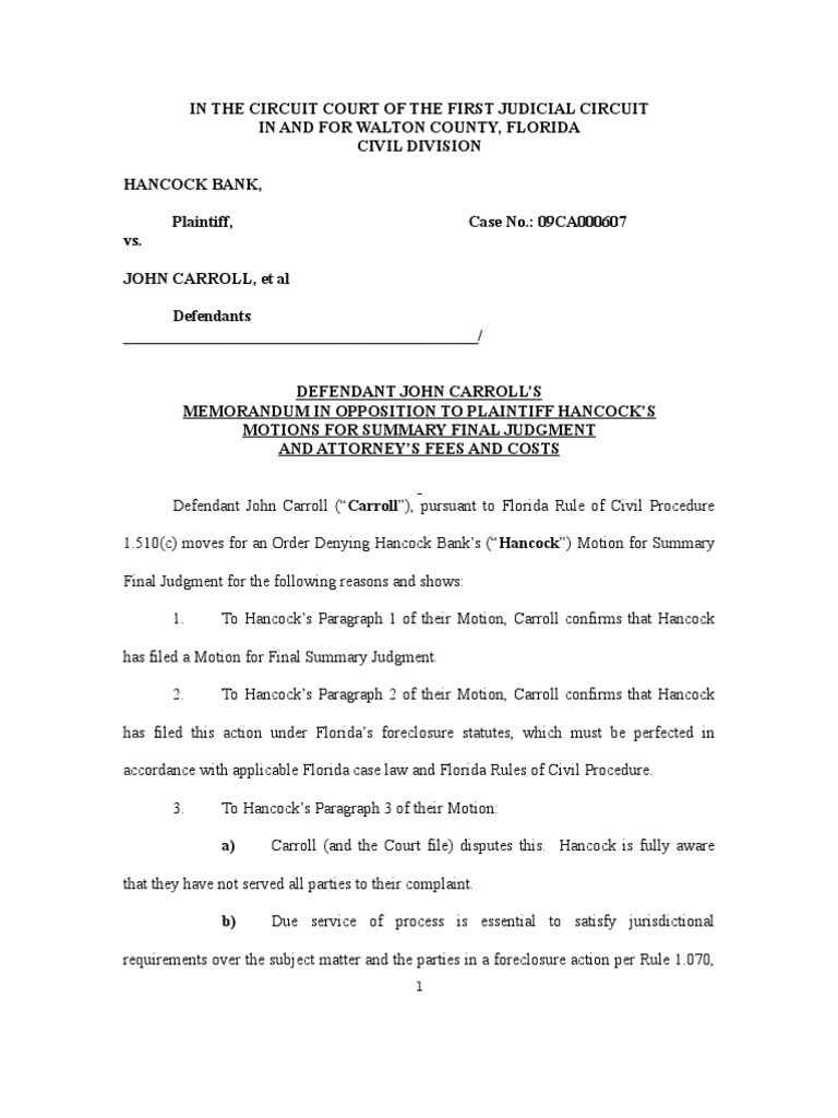 Memorandum in Opposition to Summary Judgment Hancock Bank Affidavit