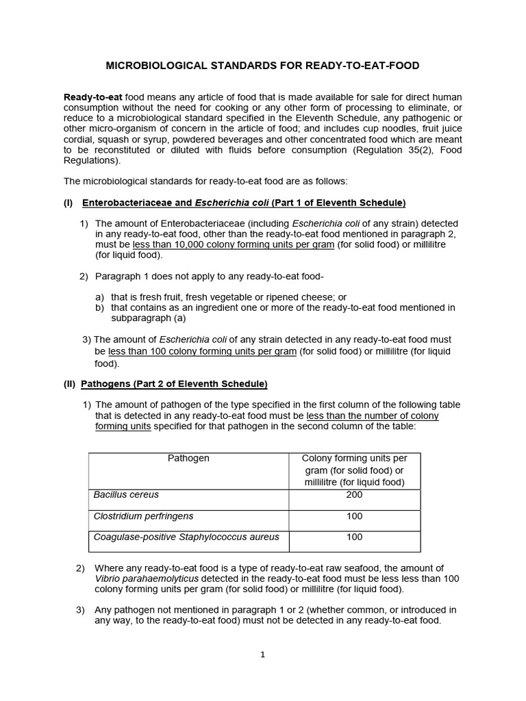 Microbiological Standards for RTE Foods | PDF | Foods | Colony Forming Unit