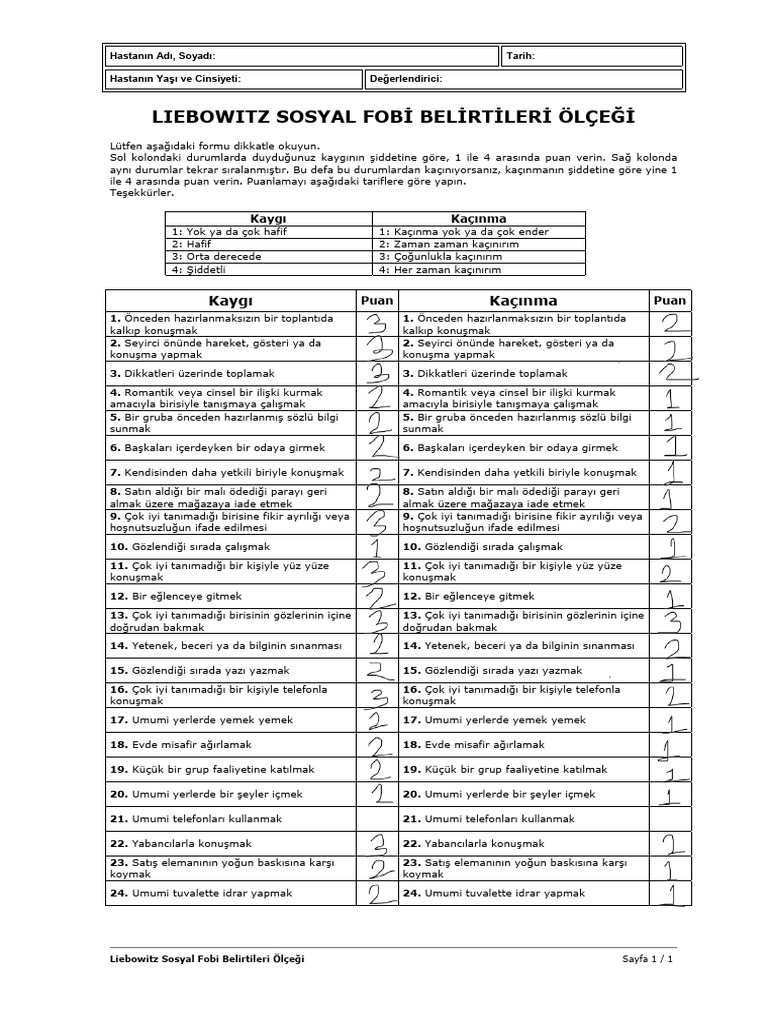 Liebowitz Sosyal Fobi Belirtileri Ölçeği-1 | PDF