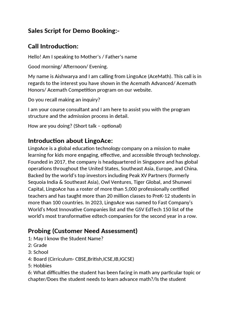 LingoAce Demo Booking Sales Script | PDF | Teachers | Mathematics