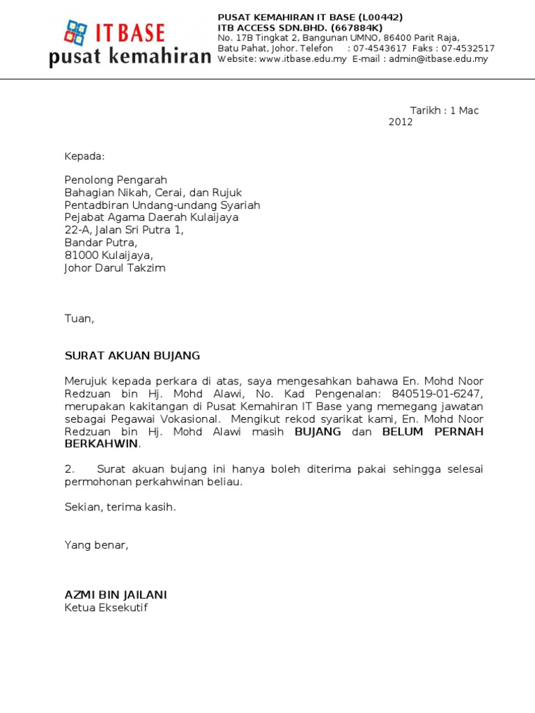 Surat Akuan Bujang Pdf