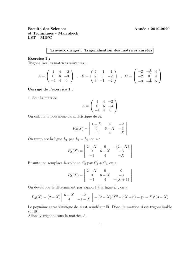 Corrigé TD Trigonalisation (1) | PDF | Matrice (Mathématiques ...
