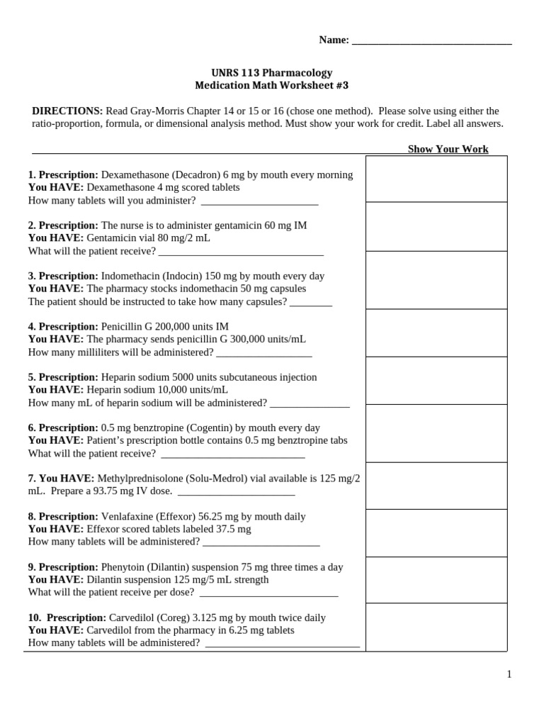 UNRS 113 Medication Math Worksheet #3 | PDF | Kilogram | Teaspoon