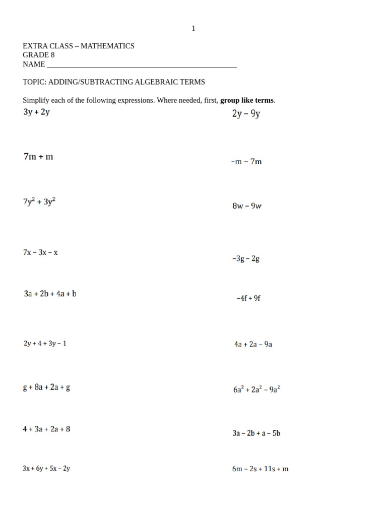 Adding/Subtracting Algebraic Terms Worksheet | PDF