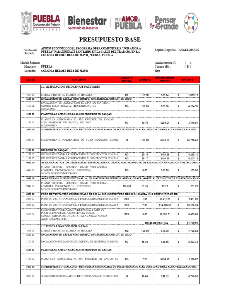 6.-Drenaje Heroes Del 5 de Mayo (Drenaje).Xlsx - Presupuesto | PDF ...