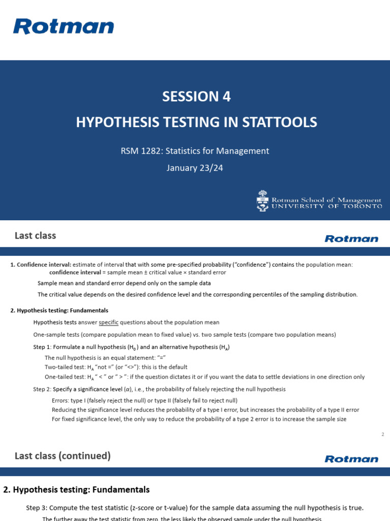 RSM1282-2025-Session 4-Hypothesis Testing in StatTools POST | PDF ...