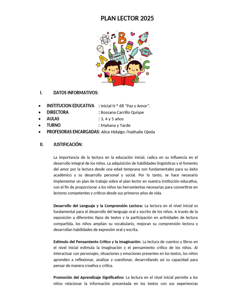 Carátula del Plan Lector 2025 | PDF | Educación de la primera infancia ...