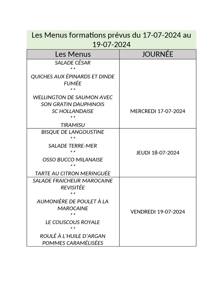 Menus de formation du 17 au 19 juillet 2024 | PDF | sauce | Cuisine