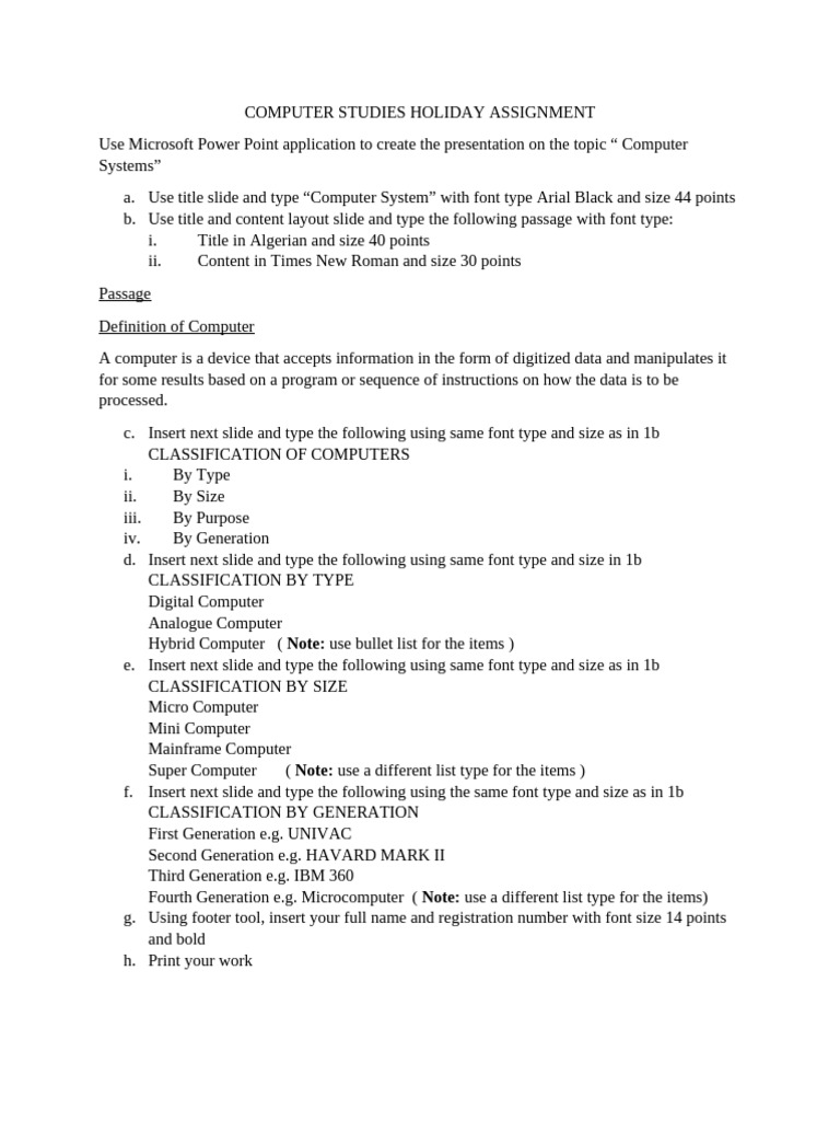 Computer Studies Holiday Assignment | PDF