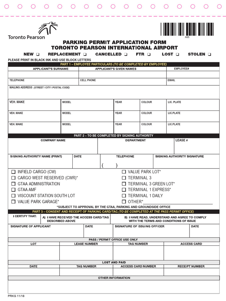 GTAA Employee Parking Permit Application | PDF | Parking | Transport