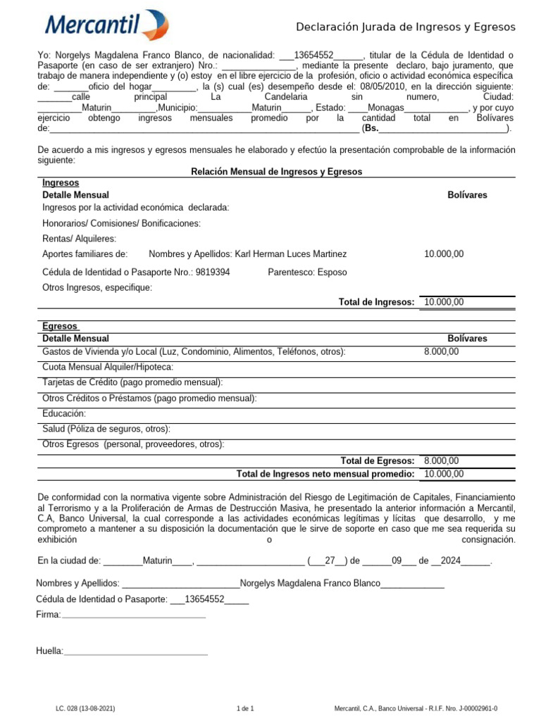 Declaración Jurada de Ingresos y Egresos | PDF