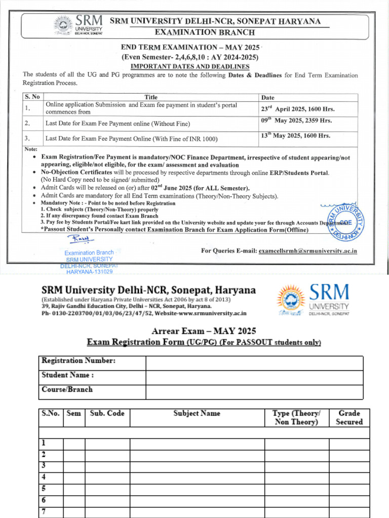End Term May 2025 Examination Circular and Arrear Form | PDF