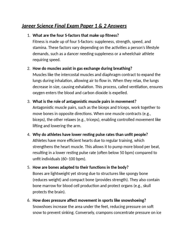 Jareer Science Final Exam Paper 1 & 2 Answers | PDF | Breathing | Force